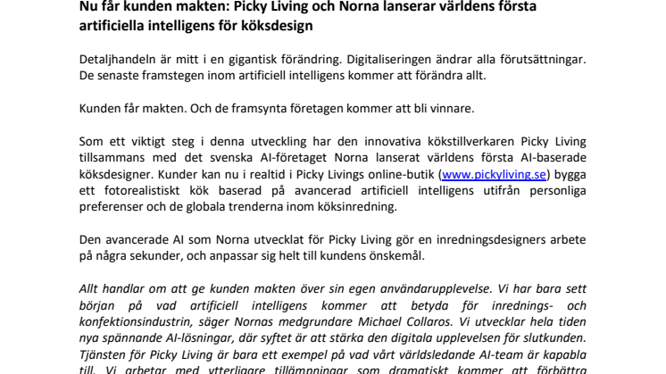 Nu får kunden makten: Picky Living och Norna lanserar världens första artificiella intelligens för köksdesign