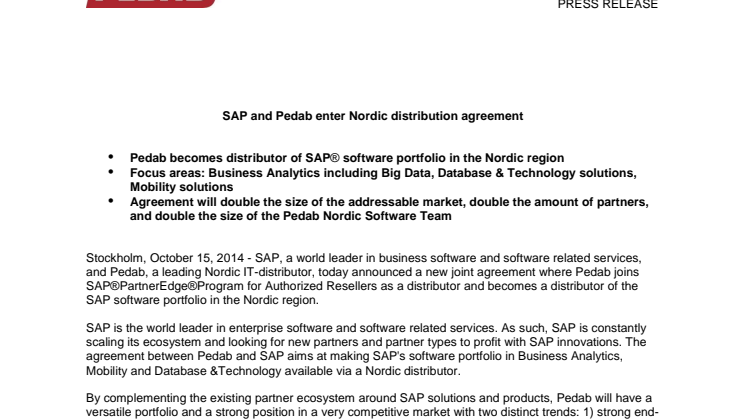 SAP and Pedab enter Nordic distribution agreement
