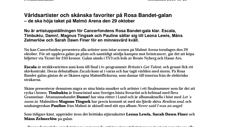 Världsartister och skånska favoriter på Rosa Bandet-galan – de ska höja taket på Malmö Arena den 29 oktober