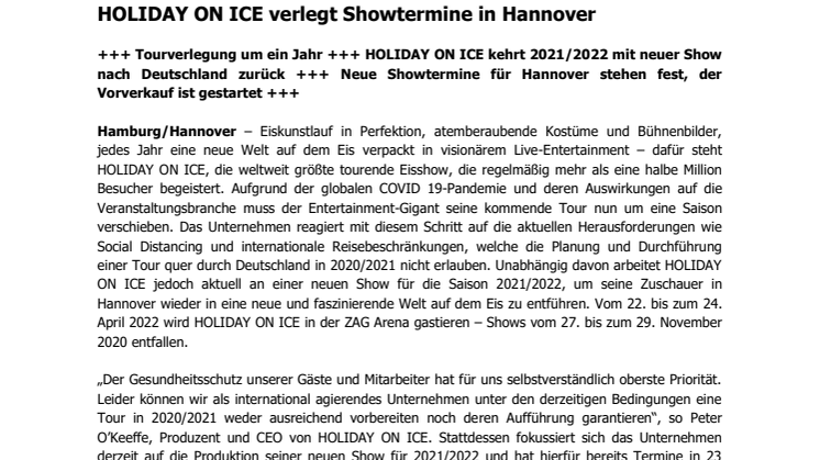 HOLIDAY ON ICE verlegt Showtermine in Hannover