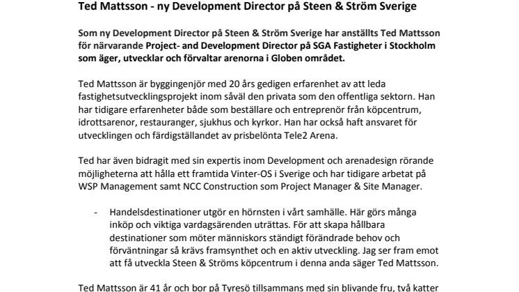 Ted Mattsson - ny Development Director på Steen & Ström Sverige
