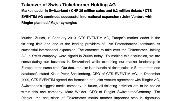 Takeover of Swiss Ticketcorner Holding AG