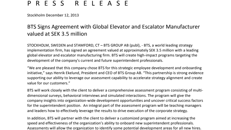 BTS Signs Agreement with Global Elevator and Escalator Manufacturer valued at SEK 3.5 million