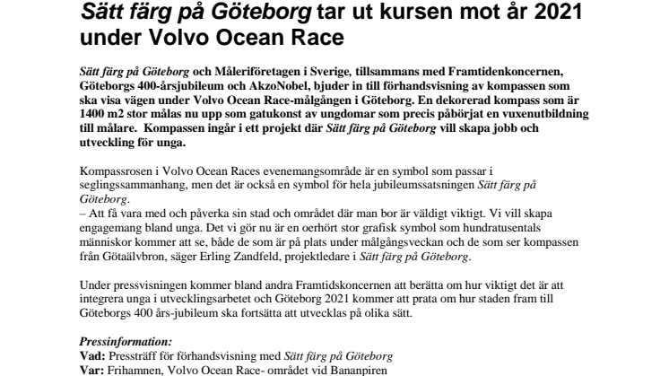 Pressinbjudan till Frihamnen: "Sätt färg på Göteborg" tar ut kursen mot år 2021 under Volvo Ocean Race
