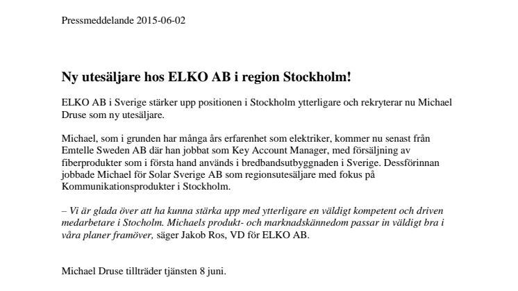 Ny utesäljare hos ELKO AB i region Stockholm!