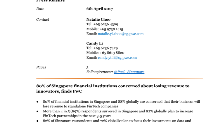 80% of Singapore financial institutions concerned about losing revenue to innovators, finds PwC