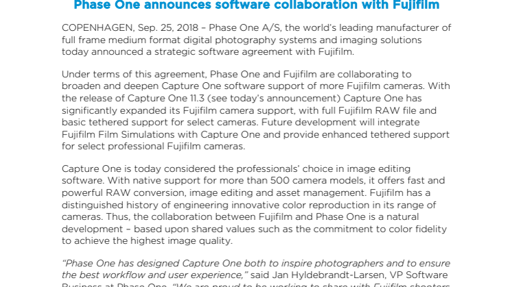 Phase One announces software collaboration with Fujifilm