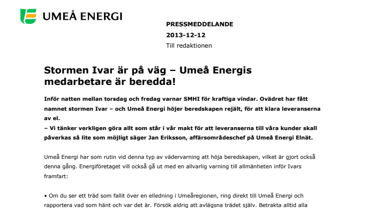 Stormen Ivar är på väg – Umeå Energis medarbetare är beredda!