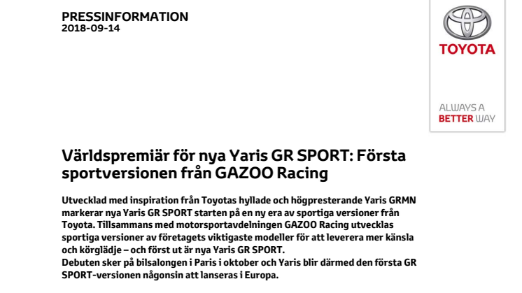 Världspremiär för nya Yaris GR SPORT: Första sportversionen från GAZOO Racing