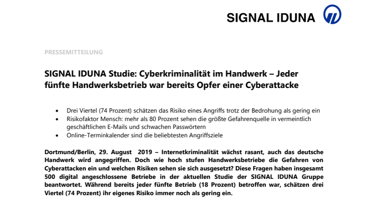 SIGNAL IDUNA Studie: Cyberkriminalität im Handwerk 