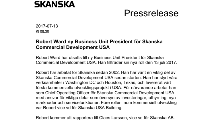Robert Ward ny Business Unit President för Skanska Commercial Development USA