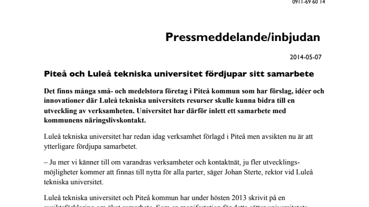 Piteå och Luleå tekniska universitet fördjupar sitt samarbete