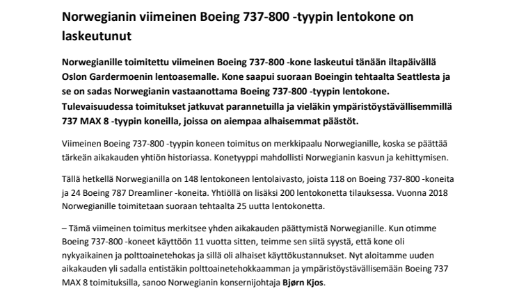 Norwegianin viimeinen Boeing 737-800 -tyypin uusi lentokone on laskeutunut 