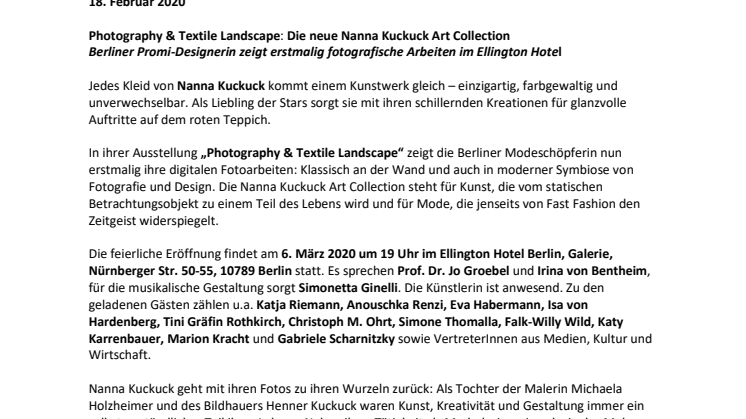 Photography & Textile Landscape: Die neue Nanna Kuckuck Art Collection Berliner Promi-Designerin zeigt erstmalig fotografische Arbeiten im Ellington Hotel