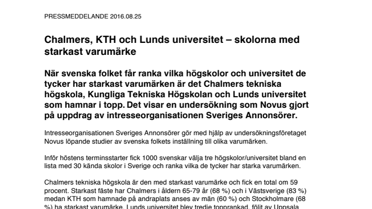 Chalmers, KTH och Lunds universitet – skolorna med starkast varumärke