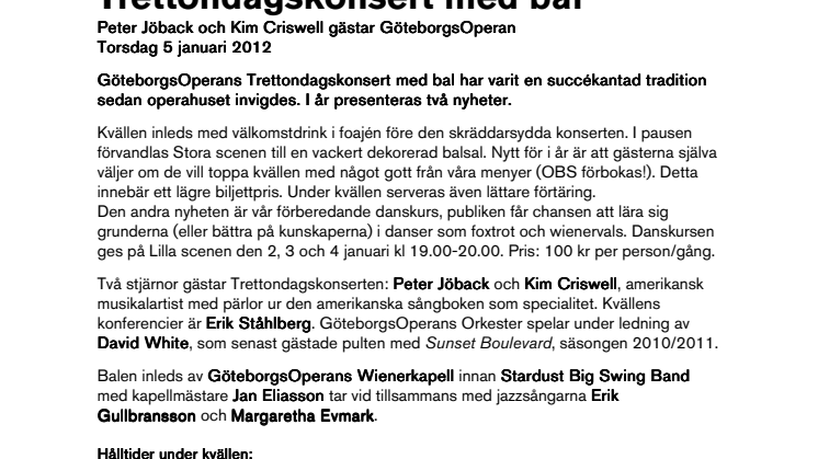 Trettondagskonsert med bal Peter Jöback och Kim Criswell gästar GöteborgsOperan