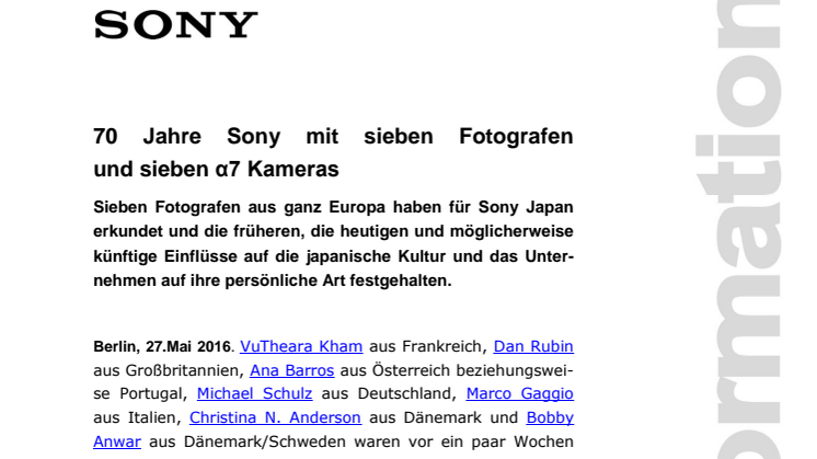 70 Jahre Sony mit sieben Fotografen  und sieben α7 Kameras