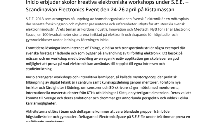 Inicio erbjuder skolor kreativa elektroniska workshops under S.E.E. – Scandinavian Electronics Event den 24-26 april på Kistamässan 