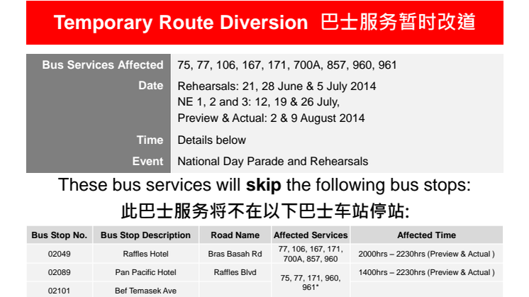 Route Diversion for National Day Parade (NDP) 2014 and Rehearsals