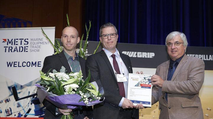 Dometic's Jörg Bernhart and Kester Petersson collect the DAME Design Award for the WAECO CRX at last year's METSTRADE