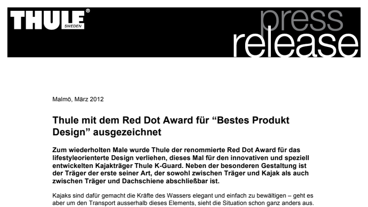 Thule mit Red Dot Award für "Bestes Produkt Design" ausgezeichnet