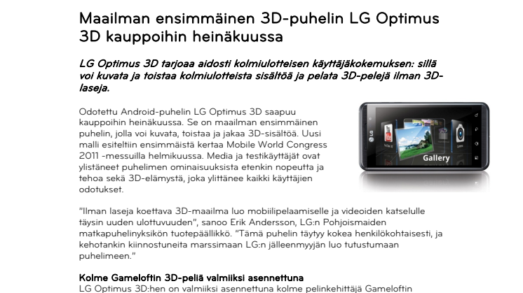Maailman ensimmäinen 3D-puhelin LG Optimus 3D kauppoihin heinäkuussa