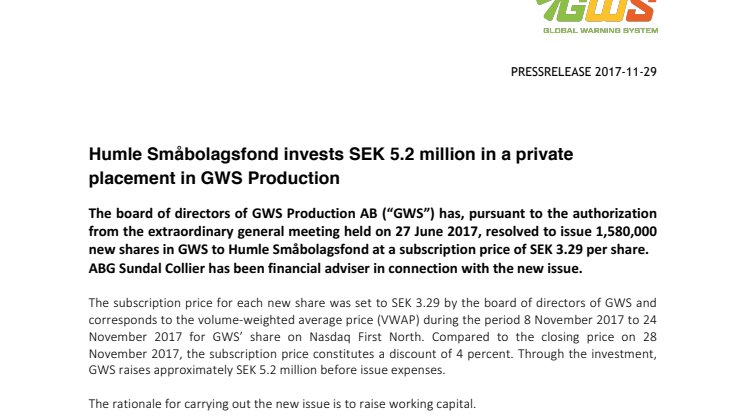 Humle Småbolagsfond invests SEK 5.2 million in a private placement in GWS Production
