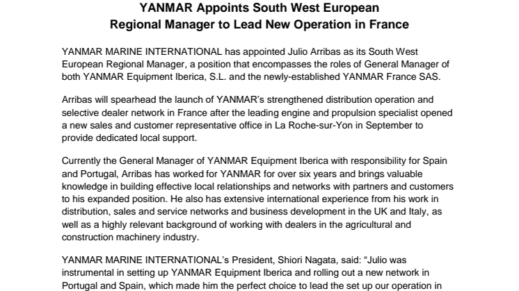 YANMAR Appoints South West European Regional Manager to Lead New Operation in France