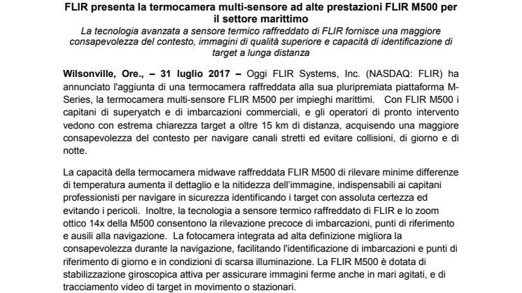 FLIR presenta la termocamera multi-sensore ad alte prestazioni FLIR M500 per il settore marittimo