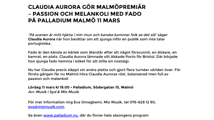 Claudia Aurora gör Malmöpremiär – Fado med passion och melankoli på Palladium Malmö 11 mars 