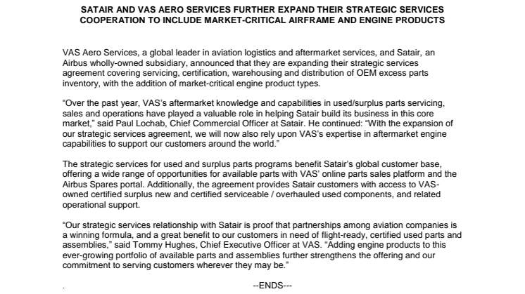 Satair and VAS Aero Services further expand their strategic services cooperation to include market-critical  airframe and engine products