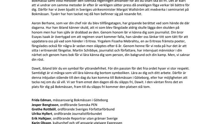 Dawit Isaak bjuds in till Bokmässan i Göteborg