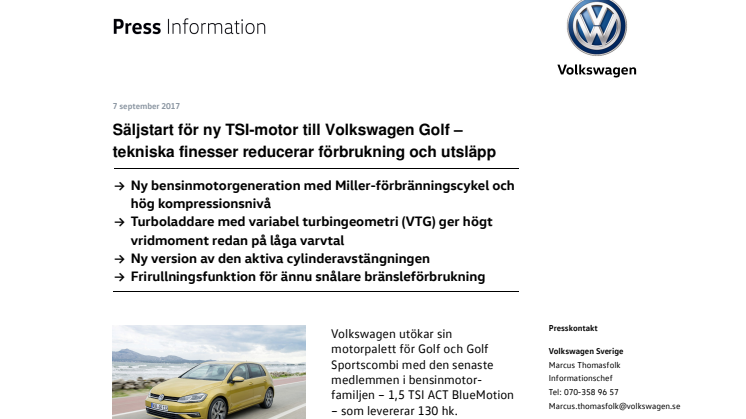Säljstart för ny TSI-motor till Volkswagen Golf – tekniska finesser reducerar förbrukning och utsläpp