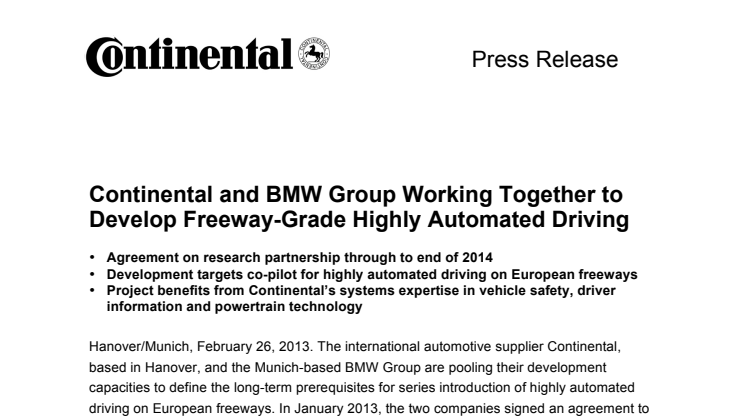 Continental och BMW satsar på högautomatiserad körning på europeiska motorvägar