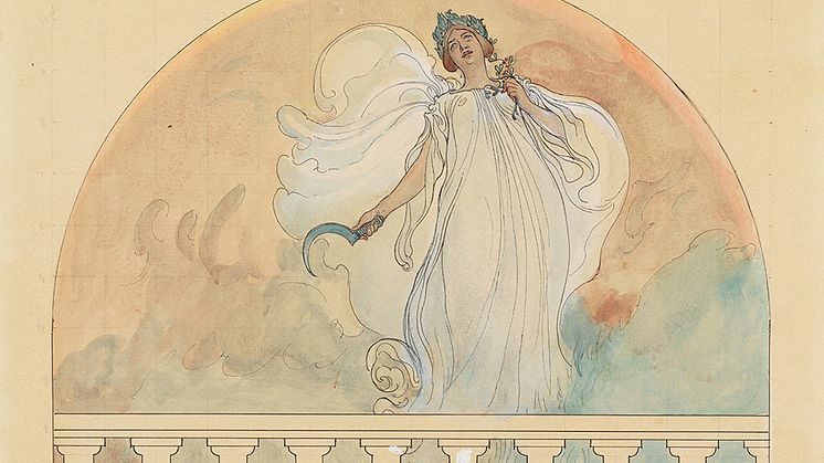 Carl Larsson, Jenny Lind. En av tre samramade lunetter, 1896–97. Akvarell, tusch, blyerts och täckvitt på papper. NMB 2835C.