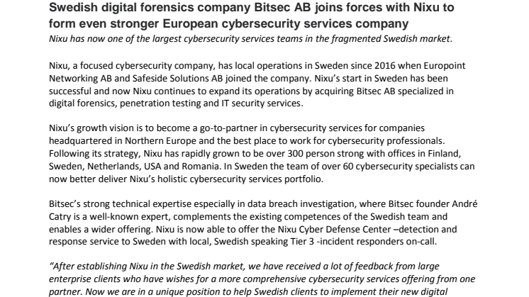 Bitsec AB joins forces with Nixu
