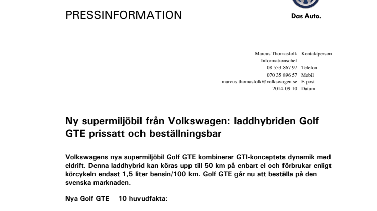 Ny supermiljöbil från Volkswagen: laddhybriden Golf GTE prissatt och beställningsbar