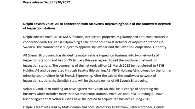 Delphi advises Volati AB in connection with AB Svensk Bilprovning’s sale of the southwest network of inspection stations