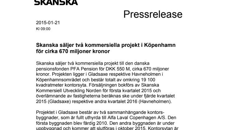 Skanska säljer två kommersiella projekt i Köpenhamn för cirka 670 miljoner kronor