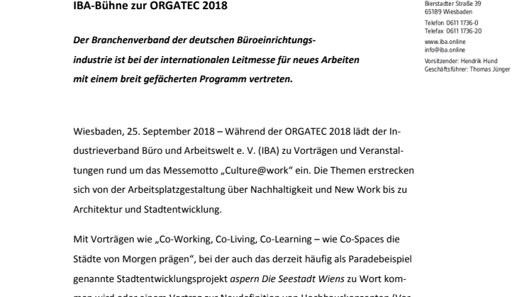Pressemitteilung: IBA-Bühne zur ORGATEC 2018