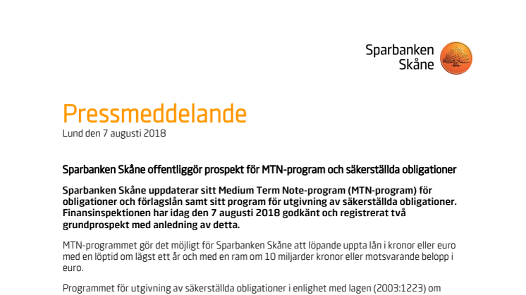 Sparbanken Skåne offentliggör prospekt för MTN-program och säkerställda obligationer 