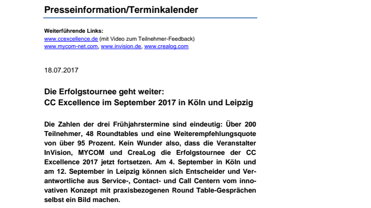 Die Erfolgstournee geht weiter:  CC Excellence im September 2017 in Köln und Leipzig