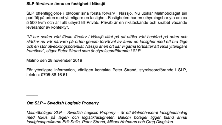SLP förvärvar ännu en fastighet i Nässjö