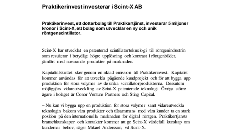 Praktikerinvest investerar i Scint-X AB