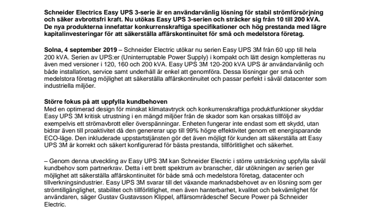 Schneider Electric utökar Easy UPS 3-serien –säkerställer affärskontinuitet för små och medelstora företag