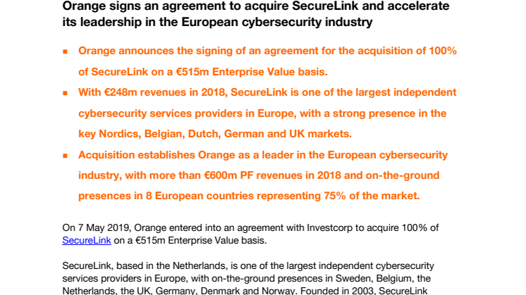 Orange signs an agreement to acquire SecureLink and accelerate its leadership in the European cybersecurity industry