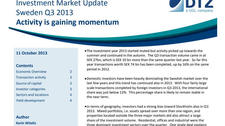 DTZ Investment Market Update Sweden Q3 2013