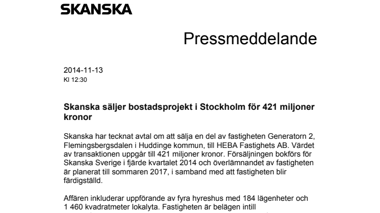 Skanska säljer bostadsprojekt i Stockholm för 421 miljoner kronor