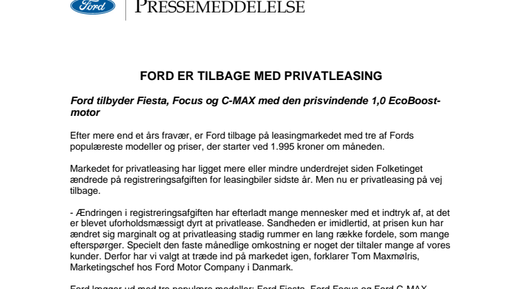 FORD ER TILBAGE MED PRIVATLEASING