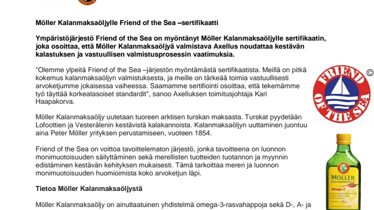 Möller Kalanmaksaöljyllä on Friend of the Sea -sertifikaatti